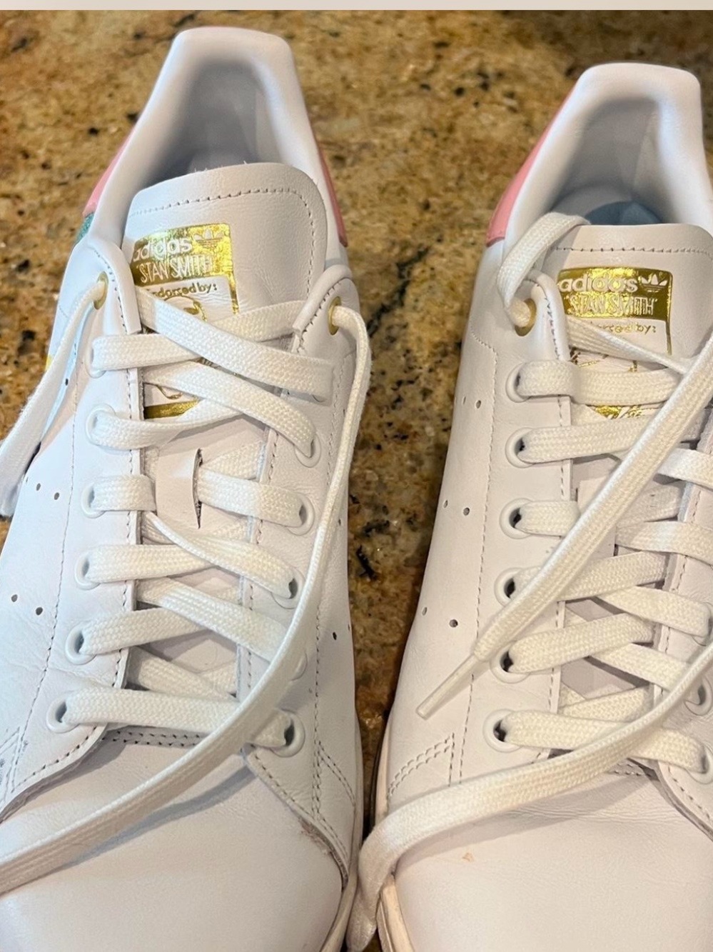 adidas Originals White Stan Smith Sneakers with Pink Heel Tab and Gold Accents